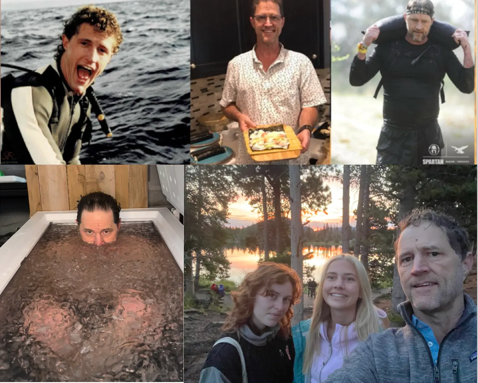 Photo collage of Barry Patterson — scuba diving, cooking, Spartan races, ice baths, and time outdoors with his daughters